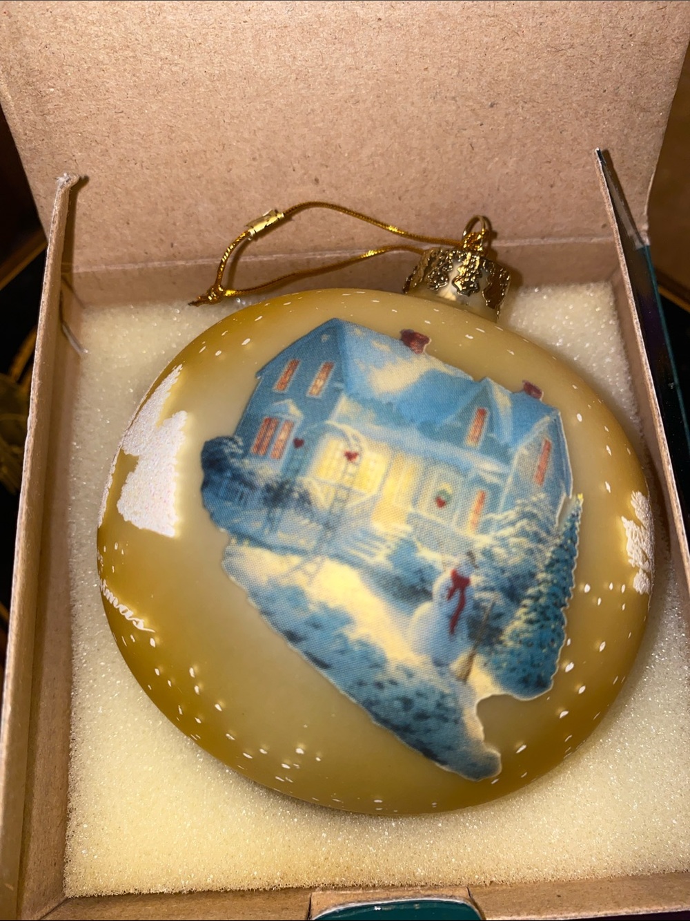 Vint Thomas Kinkade Blessings of Christmas Gold and Blue Winter House Ornament